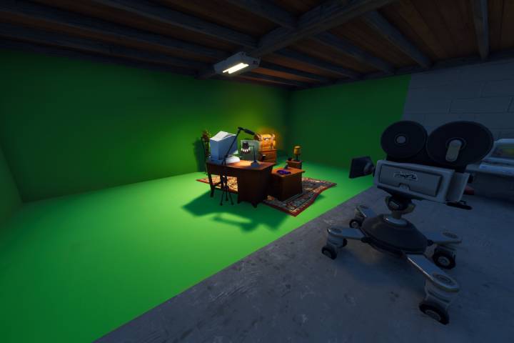 Fortnite : Chercher entre un studio d'enregistrement en sous-sol, une tête de pierre sous la neige et un camion doré, défi Superproduction, saison 10